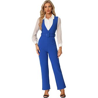 Women's V Neck Belted Sleeveless Straight Leg Elegant Suspenders Jumpsuit