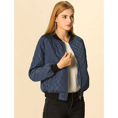Women's Stand Collar Zip Up Raglan Sleeves Bomber Quilted Jacket