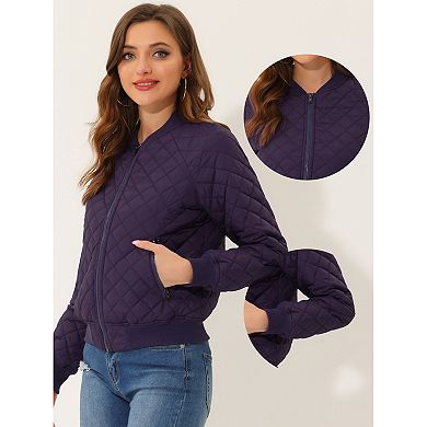 Women's Stand Collar Zip Up Raglan Sleeves Bomber Quilted Jacket
