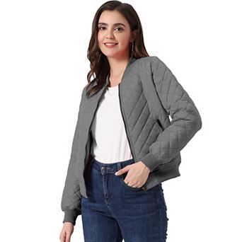 Women's Stand Collar Zip Up Raglan Sleeves Bomber Quilted Jacket