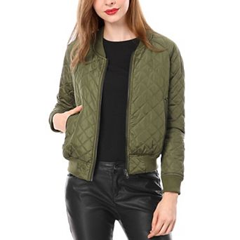 Women's Stand Collar Zip Up Raglan Sleeves Bomber Quilted Jacket