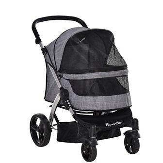 PawHut Pet Stroller Foldable Dog Cat Travel Carriage with Adjustable Handlebar PVC Wheel Brake Storage Bag Mesh Window Safety Leash Aluminum Grey