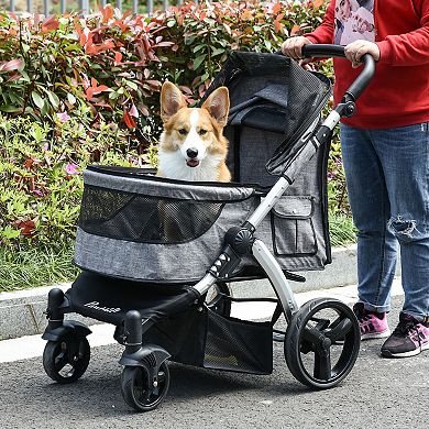 PawHut Pet Stroller Foldable Dog Cat Travel Carriage with Adjustable Handlebar PVC Wheel Brake Storage Bag Mesh Window Safety Leash Aluminum Grey