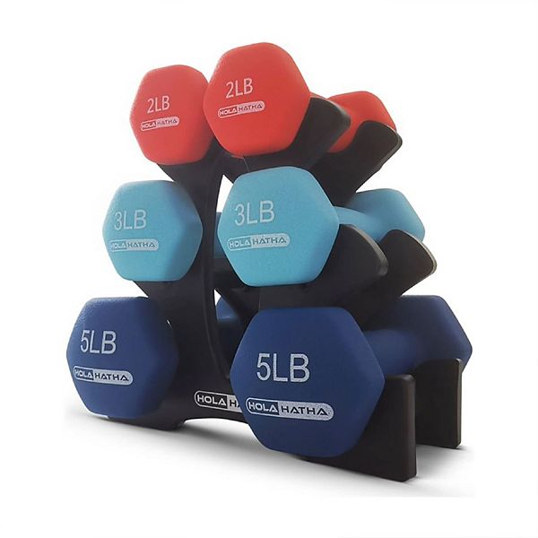 HolaHatha 2, 3, & 5 Lb Neoprene Dumbbell Free Hand Weight Set w/ Rack,  Red/Blue