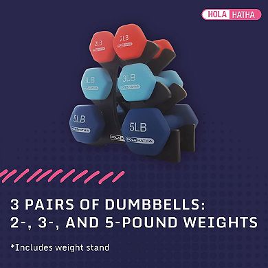 HolaHatha 2, 3, & 5 Lb Neoprene Dumbbell Free Hand Weight Set w/ Rack, Red/Blue