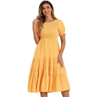 Smocked Tiered Dress For Women's Round Neck Elastic Puffy Sleeve Casual A-line Dress