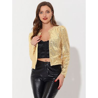 Women's Crop Open Front Blazer Puff Long Sleeve Sparkly Sequin Jackets