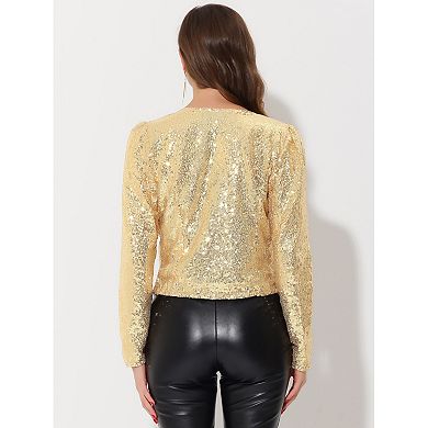 Women's Crop Open Front Blazer Puff Long Sleeve Sparkly Sequin Jackets