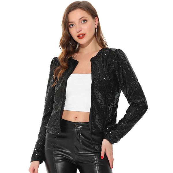 Women's Crop Open Front Blazer Puff Long Sleeve Sparkly Sequin Jackets