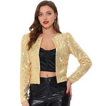 Women's Crop Open Front Blazer Puff Long Sleeve Sparkly Sequin Jackets