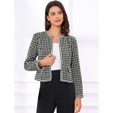Women's Plaid Tweed Open Front Office Short Blazer