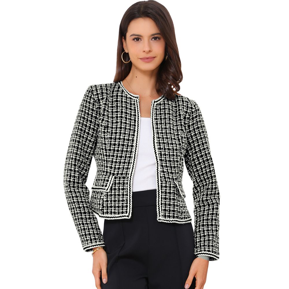 Women's Plaid Tweed Open Front Office Short Blazer