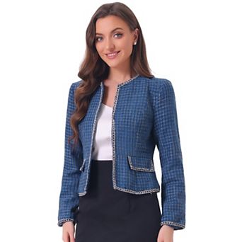Women's Plaid Tweed Open Front Office Short Blazer