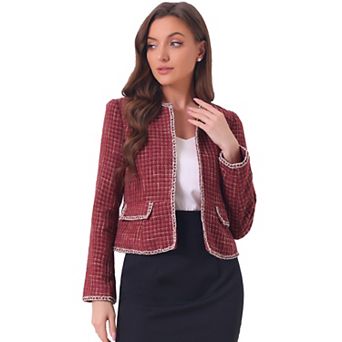 Women's Plaid Tweed Open Front Office Short Blazer