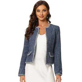 Women's Plaid Tweed Open Front Office Short Blazer