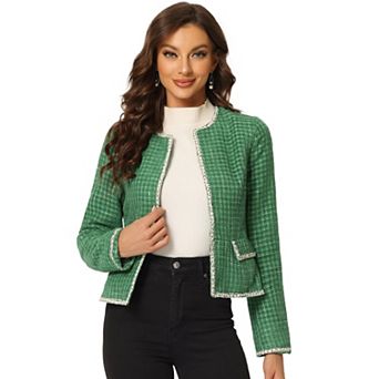 Women's Plaid Tweed Open Front Office Short Blazer