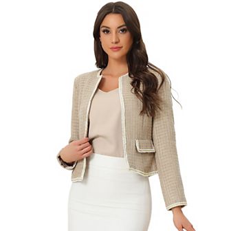 Women's Plaid Tweed Open Front Office Short Blazer