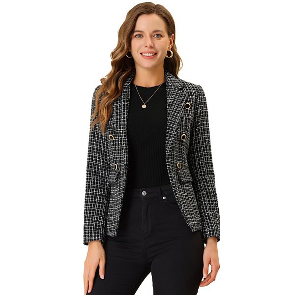 Women's Notched Lapel Long Sleeve Open Front Plaid Tweed Blazer