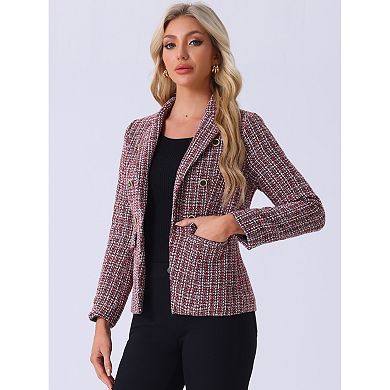 Women's Notched Lapel Long Sleeve Open Front Plaid Tweed Blazer
