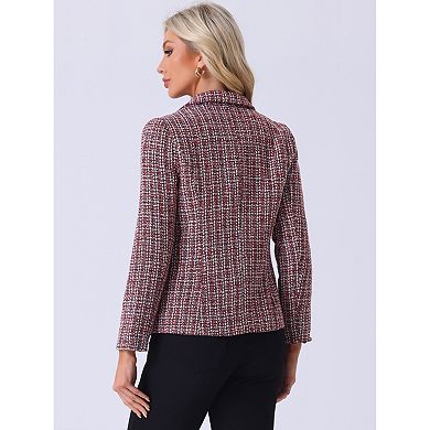 Women's Notched Lapel Long Sleeve Open Front Plaid Tweed Blazer
