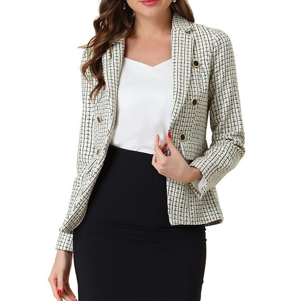 Women's Notched Lapel Long Sleeve Open Front Plaid Tweed Blazer