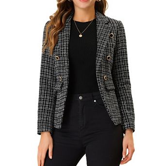 Women's Notched Lapel Long Sleeve Open Front Plaid Tweed Blazer