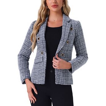 Women's Notched Lapel Long Sleeve Open Front Plaid Tweed Blazer