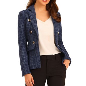 Women's Notched Lapel Long Sleeve Open Front Plaid Tweed Blazer