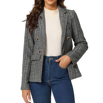Women's Notched Lapel Long Sleeve Open Front Plaid Tweed Blazer