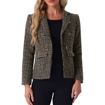 Women's Notched Lapel Long Sleeve Open Front Plaid Tweed Blazer