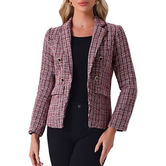 Women's Notched Lapel Long Sleeve Open Front Plaid Tweed Blazer
