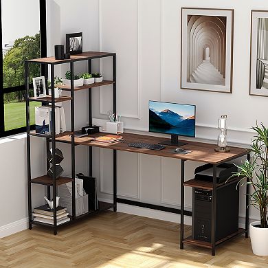 Wood Grain Writing Desk With Cpu Stand And Side Multi-tier Bookshelves, Black