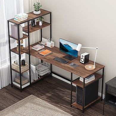 Wood Grain Writing Desk With Cpu Stand And Side Multi-tier Bookshelves, Black
