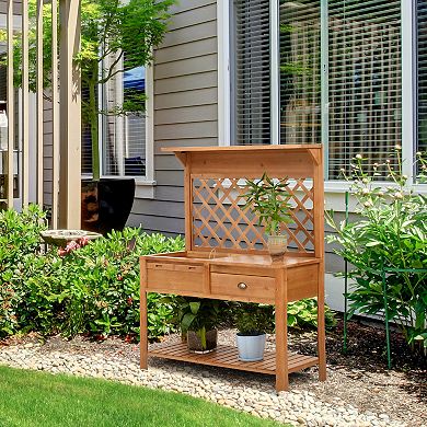 Outsunny 48'' Garden Wooden Potting Bench Table w/ Metal Screen Draining Area Side Hooks Drawer Open Upper/Lower Shelf