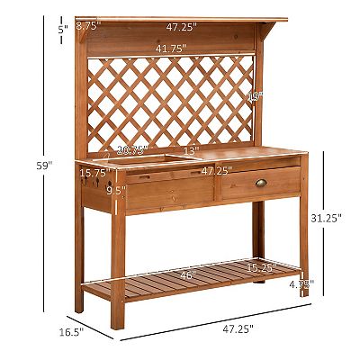 Outsunny 48'' Garden Wooden Potting Bench Table w/ Metal Screen Draining Area Side Hooks Drawer Open Upper/Lower Shelf