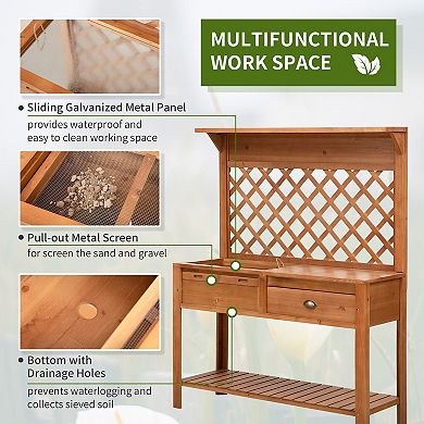 Outsunny Garden Potting Bench Table Outdoor Wooden Workstation w/ Metal Screen