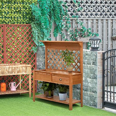 Outsunny 48'' Garden Wooden Potting Bench Table w/ Metal Screen Draining Area Side Hooks Drawer Open Upper/Lower Shelf