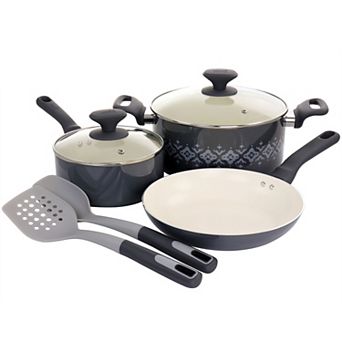 Spice by Tia Mowry Savory Saffron 7 pc Ceramic Nonstick Aluminum Cookware Set with Nylon Utensils in Grey