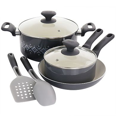 Spice by Tia Mowry Savory Saffron 7 Piece Ceramic Nonstick Aluminum Cookware Set with Nylon Utensils in Grey