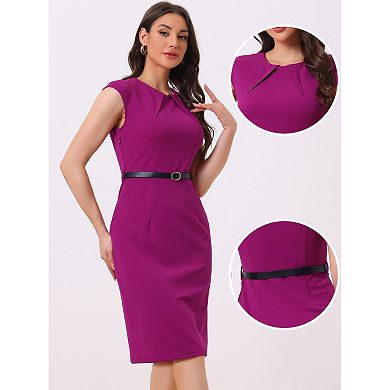 Elegant Office Dress for Women's Round Neck Cap Sleeve Belted Work Sheath Dresses