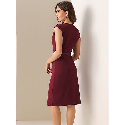 Elegant Office Dress For Women s Round Neck Cap Sleeve Belted Work Sheath Dresses