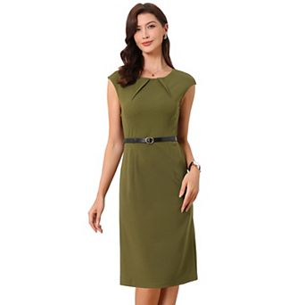 Elegant Office Dress for Women's Round Neck Cap Sleeve Belted Work Sheath Dresses