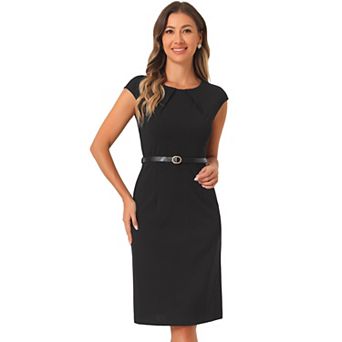 Elegant Office Dress for Women's Round Neck Cap Sleeve Belted Work Sheath Dresses