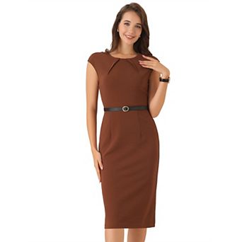 Elegant Office Dress For Women's Round Neck Cap Sleeve Belted Work Sheath Dresses