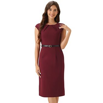Elegant Office Dress for Women's Round Neck Cap Sleeve Belted Work Sheath Dresses