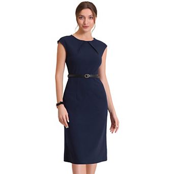 Elegant Office Dress for Women's Round Neck Cap Sleeve Belted Work Sheath Dresses