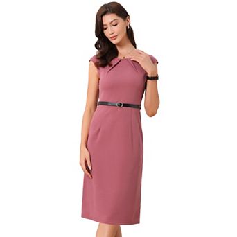 Elegant Office Dress for Women's Round Neck Cap Sleeve Belted Work Sheath Dresses