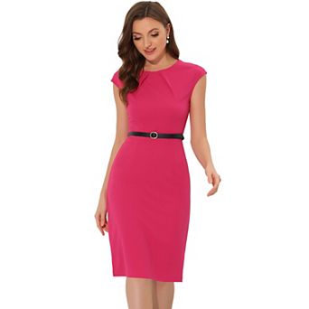 Elegant Office Dress for Women's Round Neck Cap Sleeve Belted Work Sheath Dresses