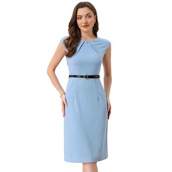 Elegant Office Dress for Women's Round Neck Cap Sleeve Belted Work Sheath Dresses