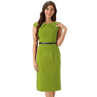 Elegant Office Dress for Women's Round Neck Cap Sleeve Belted Work Sheath Dresses
